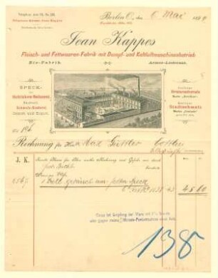 Brief - Rechnung von Fabrik Jean Kappes an Herrn Güttler, Cottbus