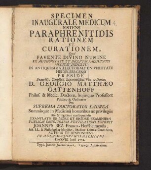 Specimen Inaugurale Medicum Sistens Paraphrenitidis Rationem Et Curationem
