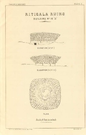 Plate I. Ritigala ruins. Building No. 16 "D". Elevation (west). Elevation (north). Plan.