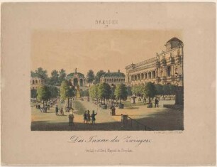 Der Zwinger in Dresden, Blick aus dem mit Kübelbäumen gestalteten Zwingerhof nach Norden auf Wallpavillon und Sempergalerie