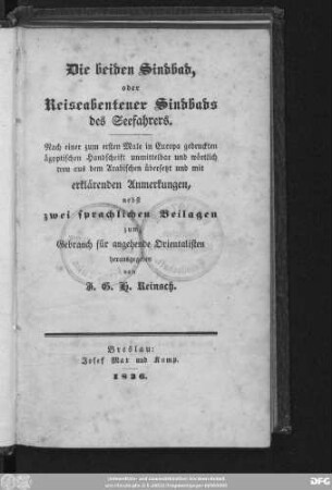 Die beiden Sindbad : oder Reiseabenteuer Sindbads des Seefahrers