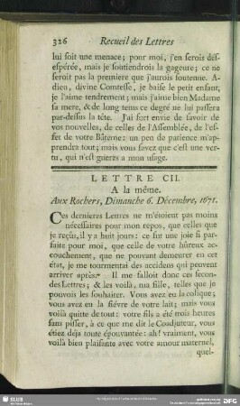 Lettre CI. A la même. Aux Rochers, Dimanche 6. Décembre, 1671