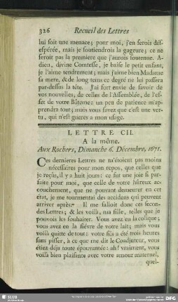 Lettre CI. A la même. Aux Rochers, Dimanche 6. Décembre, 1671