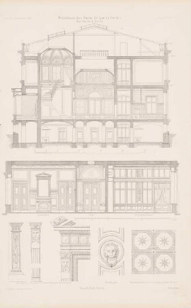 Wohnhaus des Herrn Dr. Leo, Berlin: Querschnitte, Details (aus: Atlas zur Zeitschrift für Bauwesen, hrsg. v. G. Erbkam, Jg. 17, 1867)