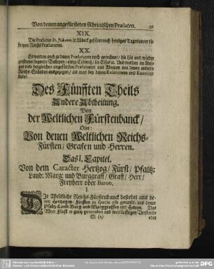 Des Fünfften Theils Andere Abtheilung. Von der Weltlichen Fürstenbanck, Oder; Von denen Weltlichen Reichs-Fürsten, Grafen und Herren