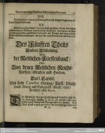 Des Fünfften Theils Andere Abtheilung. Von der Weltlichen Fürstenbanck, Oder; Von denen Weltlichen Reichs-Fürsten, Grafen und Herren