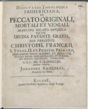 Disputatio Theologica Fridericiana, De Peccato Originali, Mortali Et Veniali, Martino Becano Opposita