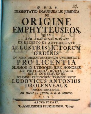 Dissertatio inauguralis iuridica de origine emphyteuseos
