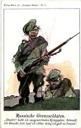 Kriegs-Karte der "Lustigen Blätter" Nr. 6: Russische Grenzsoldaten ... (planen Fahnenflucht) (verboten, mit Zensurvermerk)