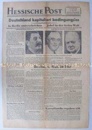 Nachrichtenblatt der US-Armee "Hessische Post" zur bedingungslosen Kapitulation Deutschlands