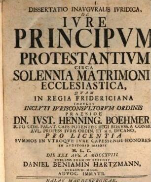 Dissertatio Inavgvralis Ivridica, De Ivre Principvm Protestantivm Circa Solennia Matrimonii Ecclesiastica