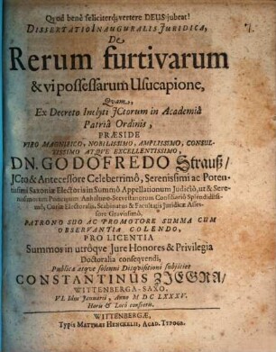 Diss. inaug. iur. de rerum furtivarum et vi possessarum usucaptione