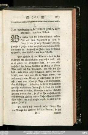 I. Von Verfertigung der blauen Farbe, oder Schmalte, aus dem Kobald.