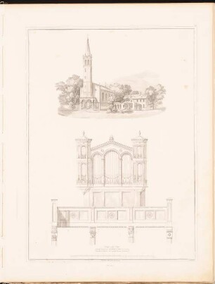Evangelische Kirche mit 400 Sitzen: Perspektivische Ansicht, Orgel, Chor (aus: Entwürfe zu Kirchen, Pfarr- und Schulhäusern, hrsg. von der Kgl. Preuß. Oberbaudeputation, 1845-1855)