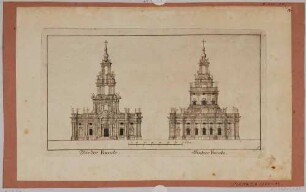 Die Katholische Hofkirche in Dresden, Aufrisse der nordöstlichen und der südwestlichen Fassaden mit einem Maßstab in Ellen, Teil einer Reihe Dresdner und sächsischer Ansichten von Schlitterlau um 1770