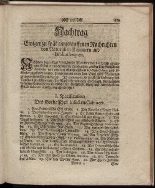 Nachtrag Einiger zu spät eingelauffenen Nachrichten von Naturalien-Kammern und Bibliothequen.