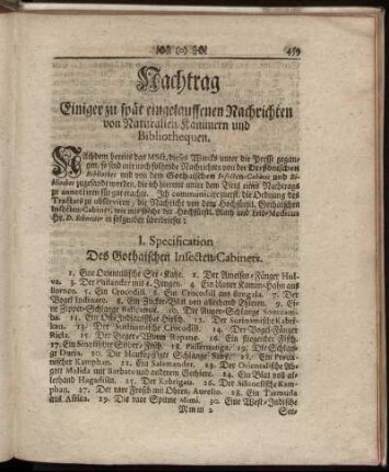 Nachtrag Einiger zu spät eingelauffenen Nachrichten von Naturalien-Kammern und Bibliothequen.