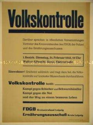 Maueranschlag des FDGB zu einer Veranstaltung über die Ziele und Aufgaben der Volkskontrolle