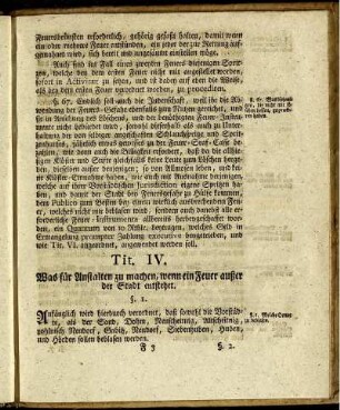 Tit. IV. Was für Anstalten zu machen, wenn ein Feuer außer der Stadt entstehet.
