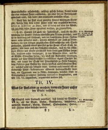 Tit. IV. Was für Anstalten zu machen, wenn ein Feuer außer der Stadt entstehet.