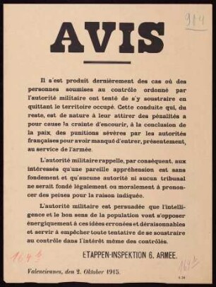 "Avis." Verbot, das besetzte Gebiet zu verlassen (S. 34)