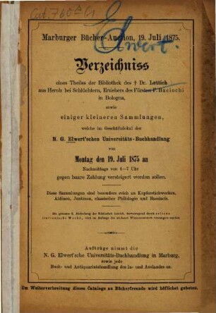 Antiquarischer Catalog der N. G. Elwert'schen Universitäts-Buchhandlung. 1. 1875, 19. Juli