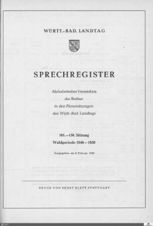 1c: Landtag Württemberg-Baden, Sach- und Sprechregister, 1946-1950
