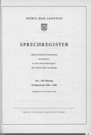 1c: Landtag Württemberg-Baden, Sach- und Sprechregister, 1946-1950