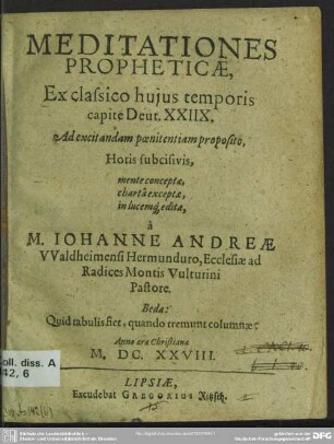 Meditationes propheticae ex clasico hujus temporis capite Deut. XXIIX