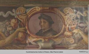 Innendekoration : Medaillons mit Porträts von Raffael, Michelangelo, Leonardo da Vinci und Andrea del Sarto