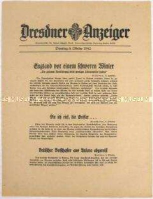 Nachrichtenblatt "Dresdner Anzeiger" u.a. zur Situation der britischen Bevölkerung