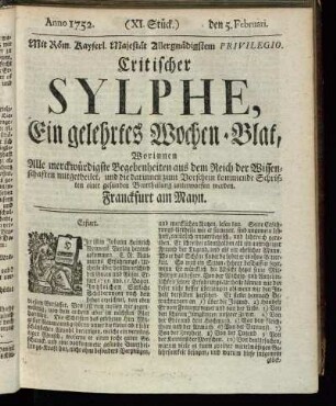 (XI. Stück.) den 1. Februari. Anno 1752.