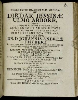 Dissertatio Inauguralis Medica, De Dirdar Ibnsinæ Ulmo Arbore