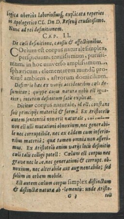 Cap. II. De coeli definitione, causis & affectionibus.