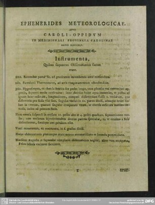 Ephemerides Meteorologicae. Apud Caroli-Oppidum In Meridionali Provincia Carolinae Anno MD MDCCXLV