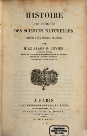 Histoire des Progrès des Sciences Naturelles depuis 1789 jusqu'à ce jour. [4]
