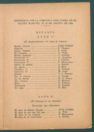 Reparto : Estrenada por la Compañía José Goméz, en el Teatro Marconi, el 13 de agosto de 1926