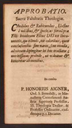 Approbatio. Sacrae Falultatis Theologiae.