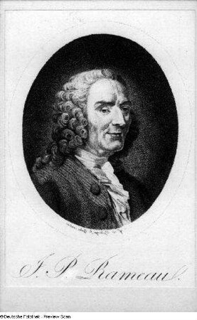 Jean Philippe Rameau. Lichtdruck nach einem seitenverkehrten Kupferstich (unter Verwendung des Medaillons aus einem Kupferstiches von Guillaume Ph. Benoist nach Jean Restout d. J.)