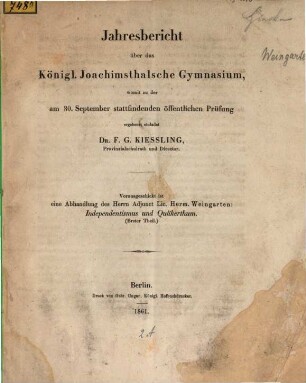 Jahresbericht über das Königl. Joachimsthalsche Gymnasium : für das Schuljahr .... 1860/61 (1861)