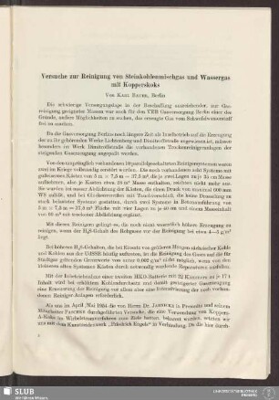 Versuche zur Reinigung von Steinkohlenmischgas und Wassergas mit Kopperskoks