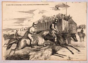 Reiter vor einer Tribüne beim Hürdenrennen auf der Landwirtschaftsschau vom 25. bis 27. Mai 1852 auf dem Artillerieexerzierplatz bei Dresden