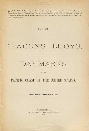 List of beacons, bouys, and day marks on the Pacific Coast of the United States. 1893, 1893 (1894)