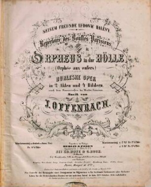 Orpheus in der Hölle = (Orphée aux enfers) : burleske Oper in 2 Akten u. 4 Bildern nach d. Franz. des Hector Crémieux