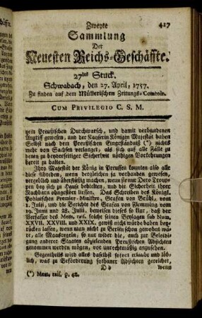 27tes Stuck. Schwabach, den 27. April, 1757.