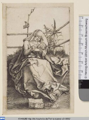 Maria auf der Rasenbank, das Kind stillend