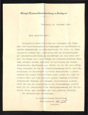 Brief von Lampert (Königliche Naturaliensammlung)