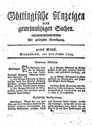 40tes Stück. Sonnabend, den 8ten October 1774.