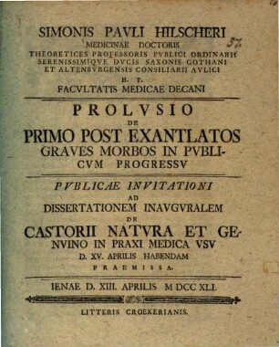 Prolusio de primo post exantlatos graves morbos in publicum progressu