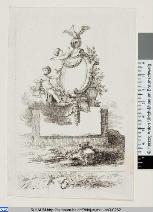 Zwei Putti und ein Storch auf einem Denkmal